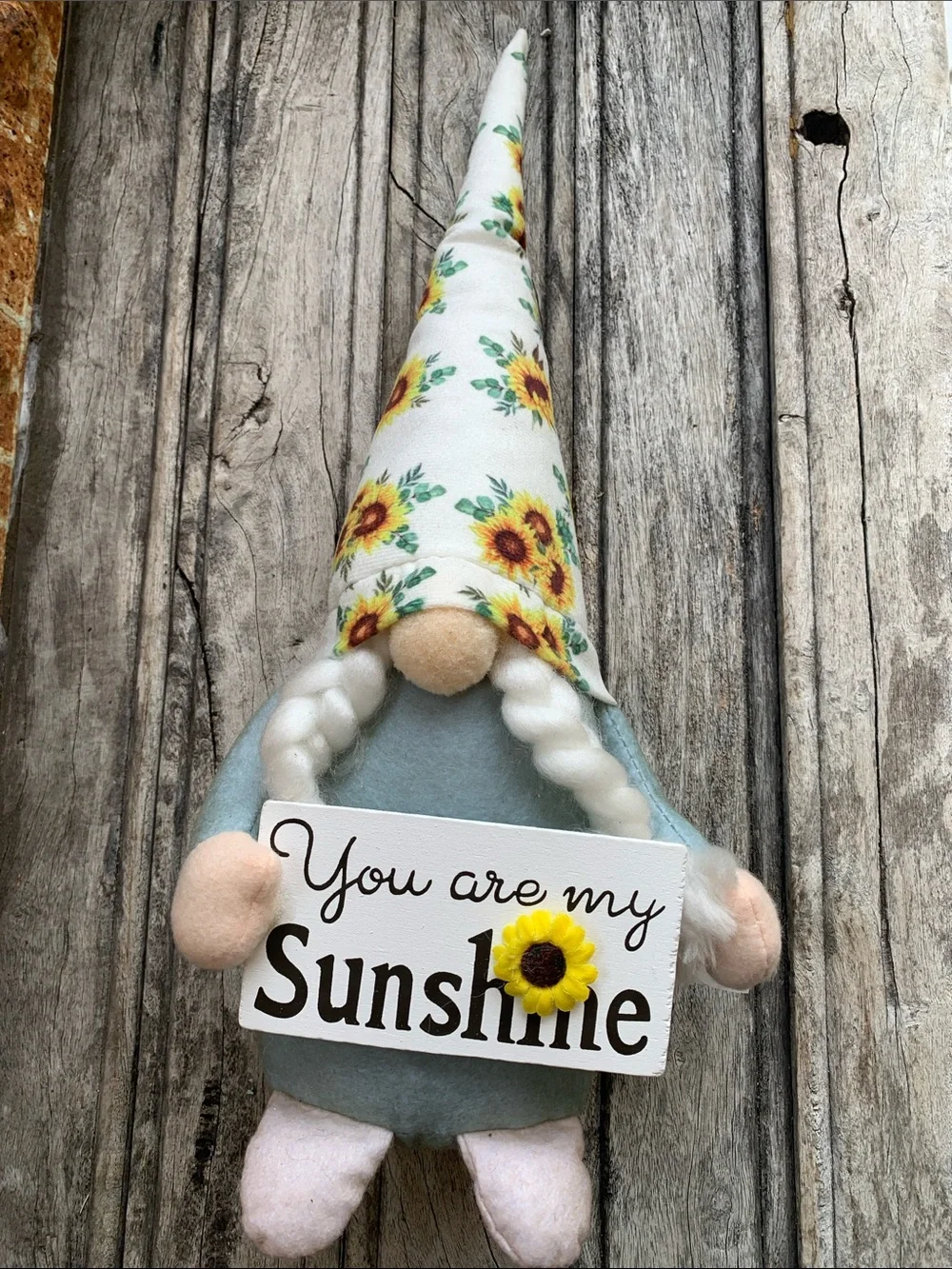 Sunflower Gnome Holding “You are my Sunshine” Sign and Brown Gnome
